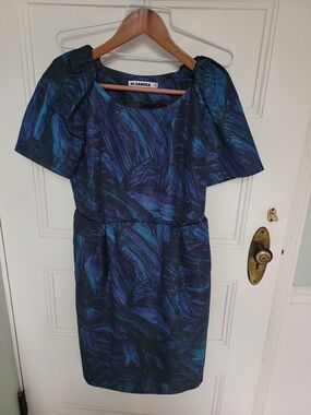 Jil Sander Silk Dress IT 36 Blue Abstract Print Puff Sleeve Pockets Made Italy